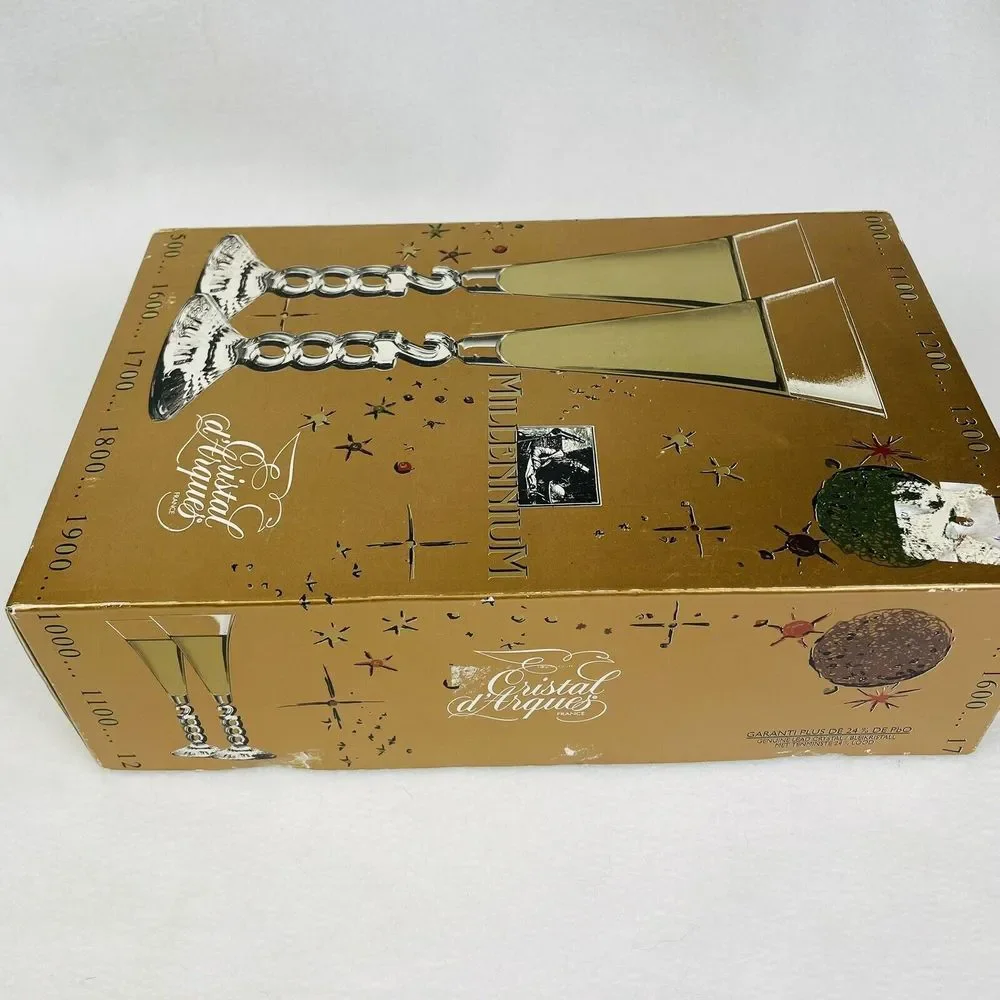 Cristal‎ D'Arques Millennium Champagne Glasses Year 2000 France Set of 2 In Box